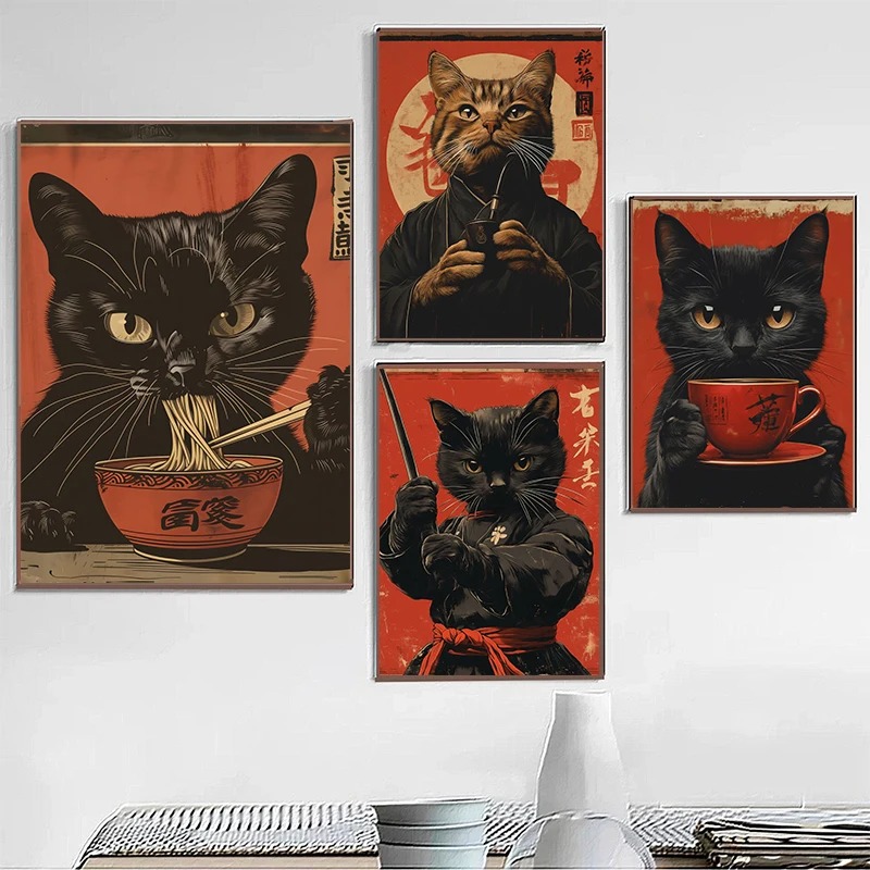 Japanese Lifestyle Home - Japon Edo Tarzı Siyah Kedi Yeme