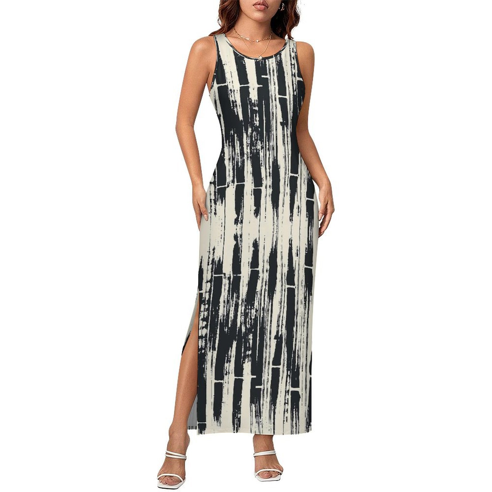 Shibori Tie Dye - Siyah Batik Elbise Kolsuz Şibori Baskılı